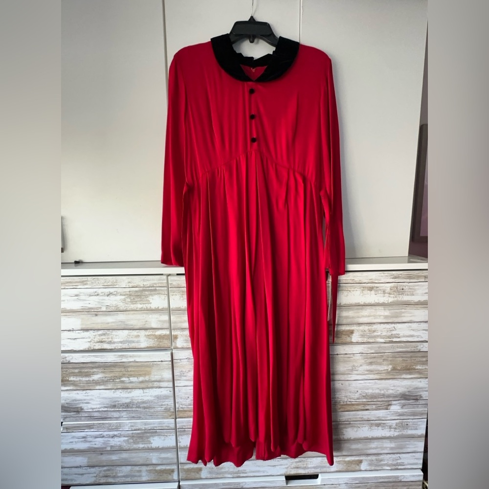 🌸 Vintage 80s Piccalino Petites Red Midi Dress Black Collar Size 14P Made USA